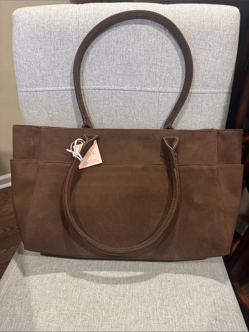 Mali+Lili Brown Faux Suede Tote Bag with Double Top Handles And Pockets. NWT